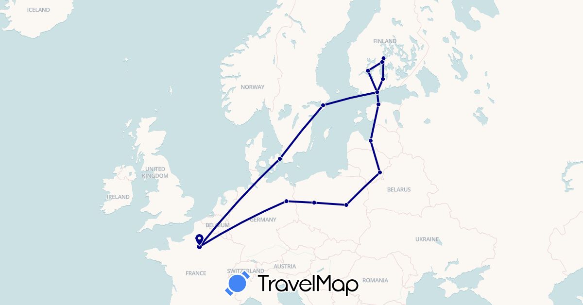 TravelMap itinerary: driving in Germany, Denmark, Estonia, Finland, France, Lithuania, Latvia, Poland, Sweden (Europe)